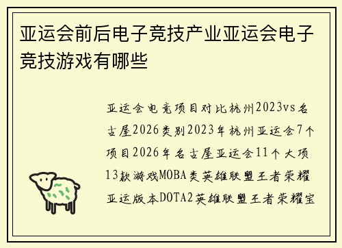 亚运会前后电子竞技产业亚运会电子竞技游戏有哪些